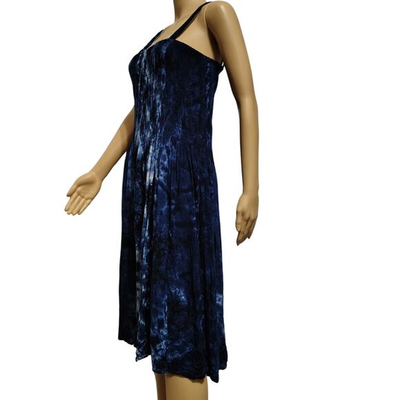 Summer Flowy Dress Blue Tye-Dye Elastic Shirred Top Uneven Hemline One Size - Picture 6 of 8
